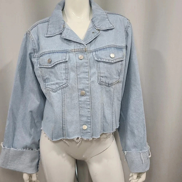 STORETS Light Wash Raw Hem Cropped Denim Jacket Oversize Balloon Sleeve Size S/M - Picture 1 of 8